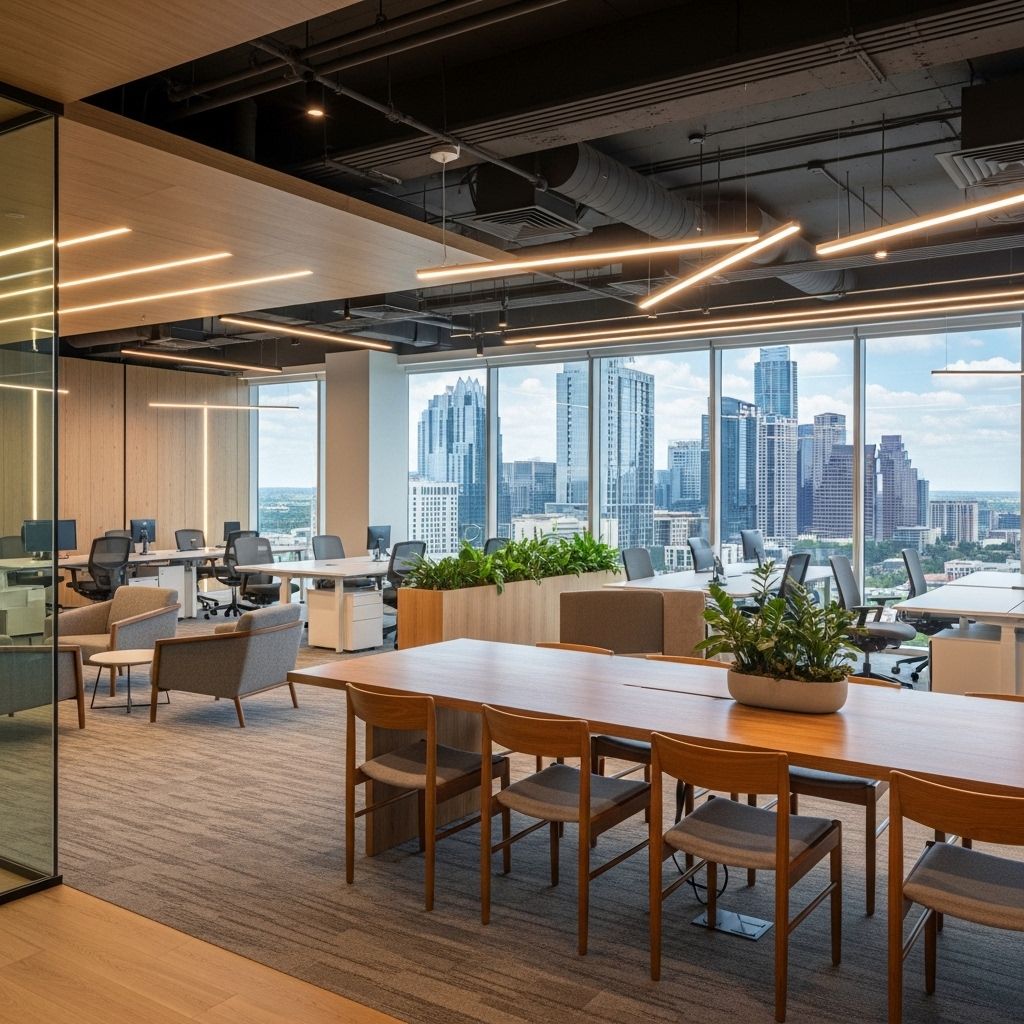 Светлый современный офис редакции Renahut в Остине, открытое пространство с деревянными акцентами, панорамные окна с видом на город