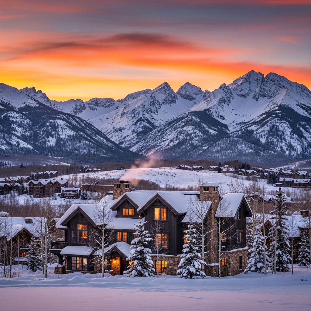 Элитное шале в Аспене зимой, снежные горы, уютный огонь в камине виден через большое окно