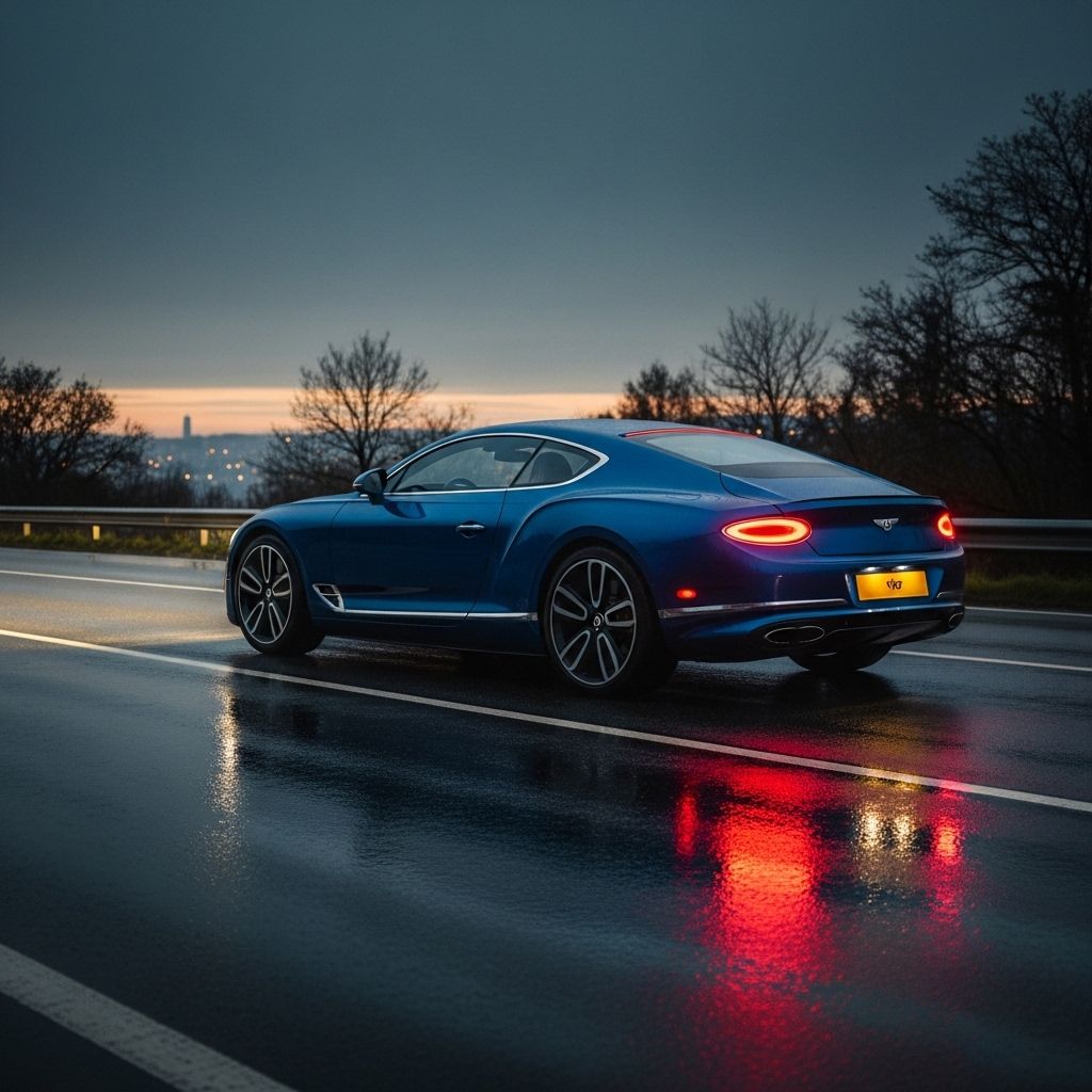 Bentley Continental GT Speed в тёмно-синем цвете на фоне исторического британского поместья, туманное утро