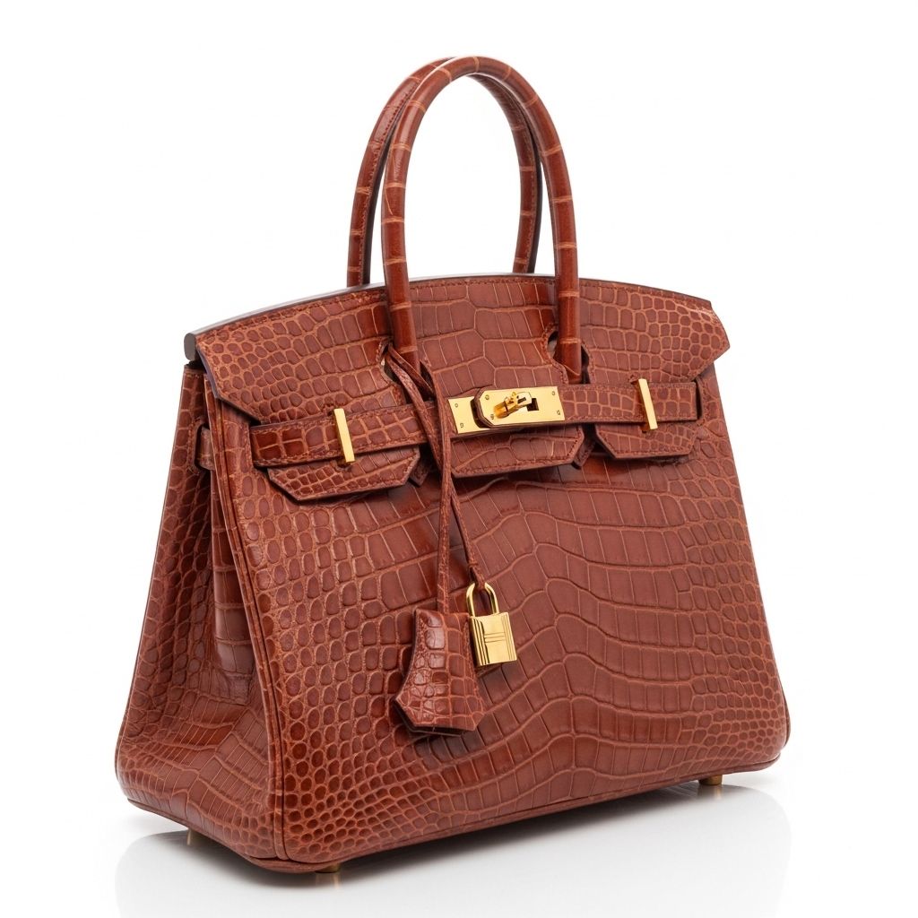 Культовая сумка Hermès Birkin из редкой кожи экзотики на мраморной поверхности, нейтральный фон, студийный свет