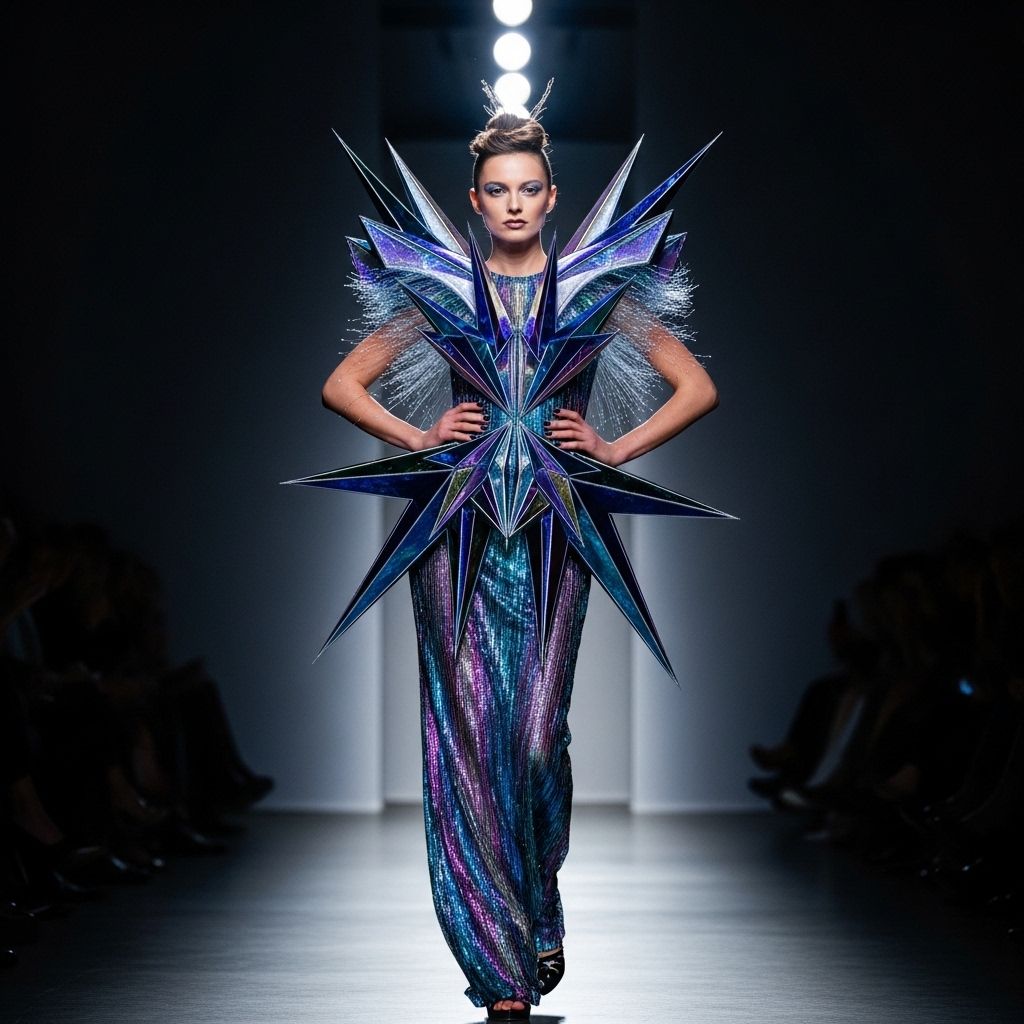 Модель в роскошном платье от haute couture на Нью-Йоркской неделе моды, яркая студийная съёмка