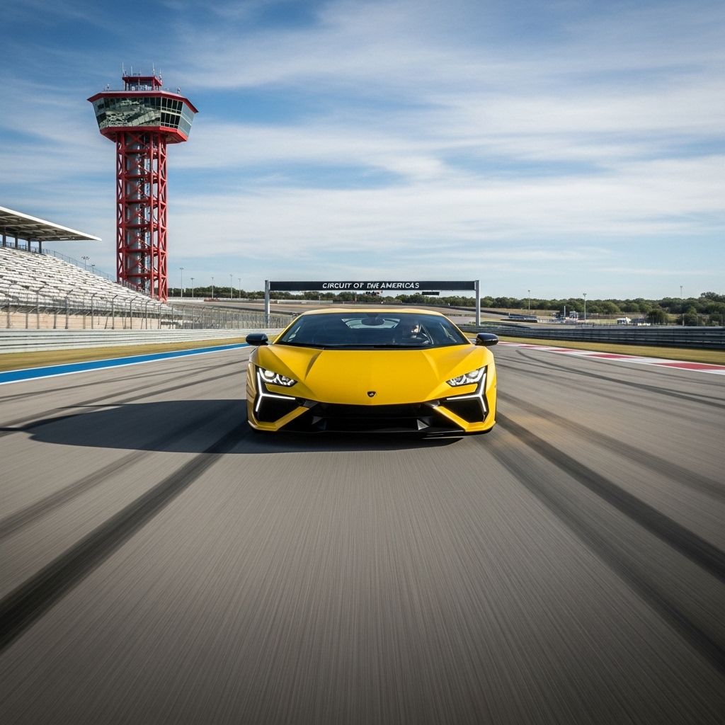 Ярко-жёлтый Lamborghini Revuelto на извилистой горной дороге в Калифорнии, закатное небо