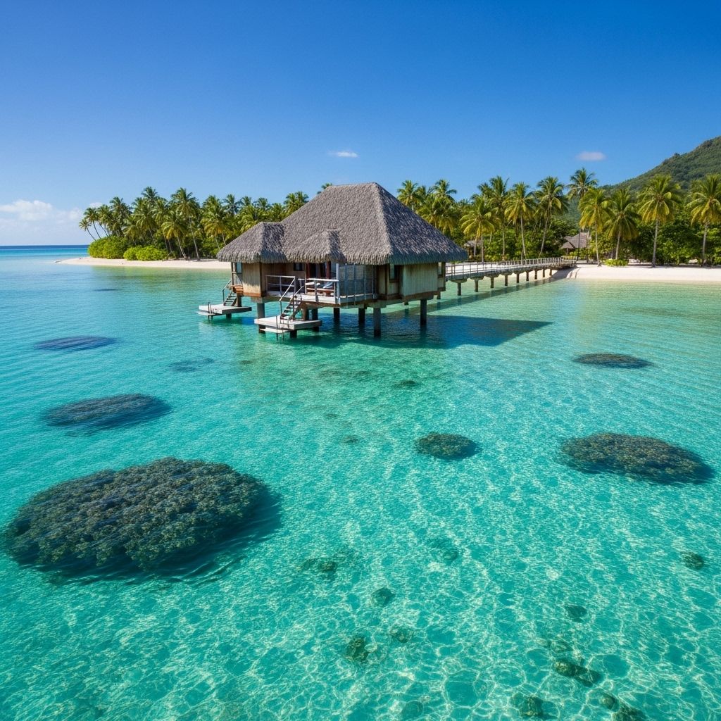 Бунгало на воде в Бора-Бора с прозрачным изумрудным океаном, пальмы и синее небо в тропиках