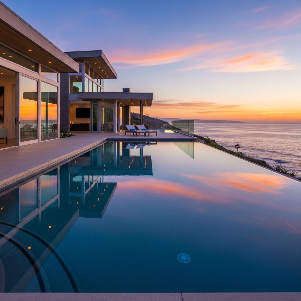 Роскошная вилла в Малибу у берега океана с бассейном бесконечности, терраса с видом на Тихий океан на закате
