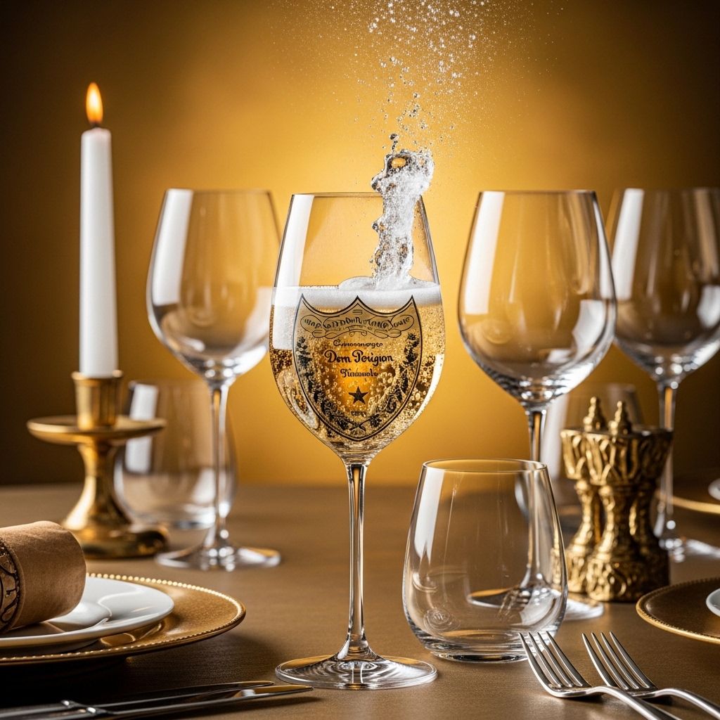 Бокал шампанского Dom Pérignon, пузырьки на фоне золотого света, роскошная сервировка стола