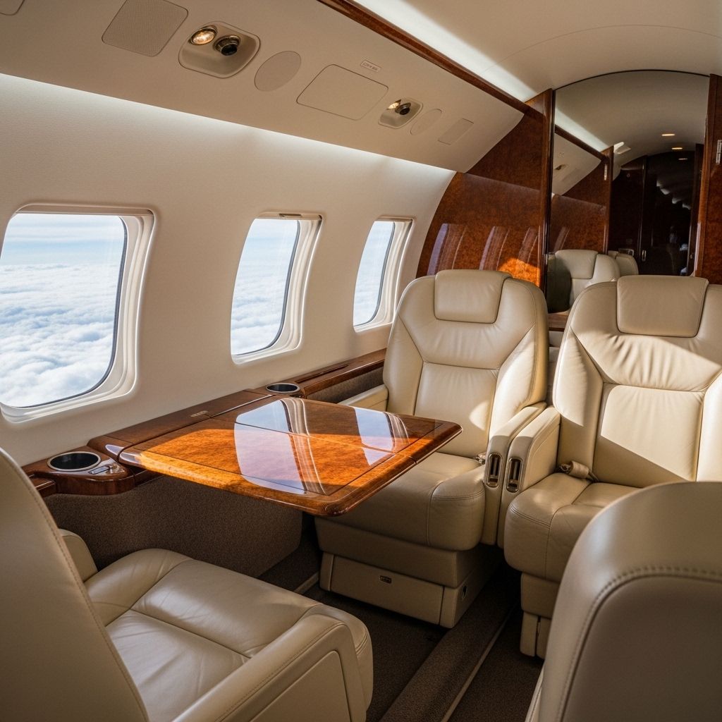 Интерьер частного бизнес-джета с кожаными креслами кремового цвета, иллюминатор с видом на облака
