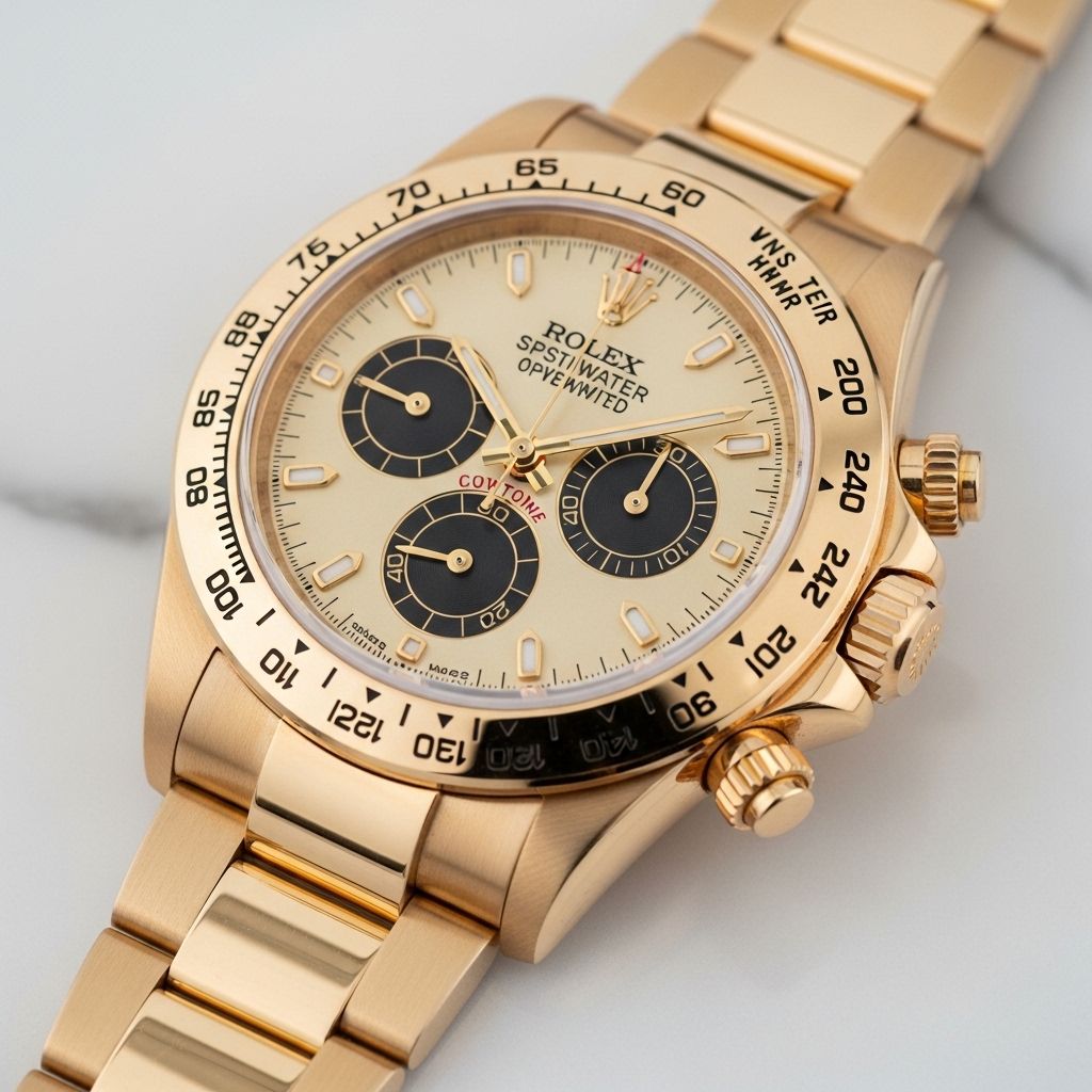 Циферблат часов Rolex Daytona в золотом корпусе крупным планом на белом мраморе