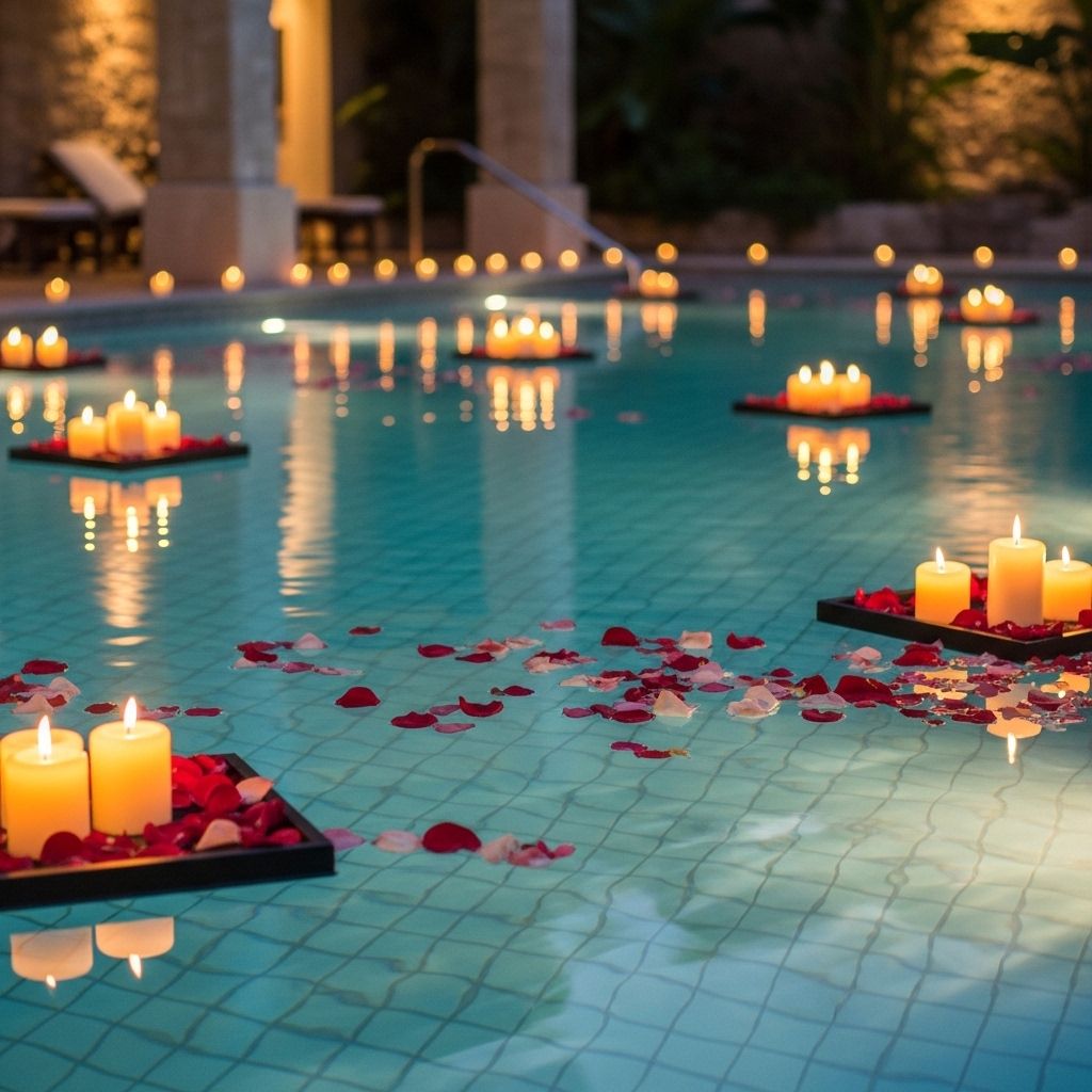 Спа-бассейн в отеле с подсветкой под водой, вечерняя атмосфера, розы и ароматические свечи