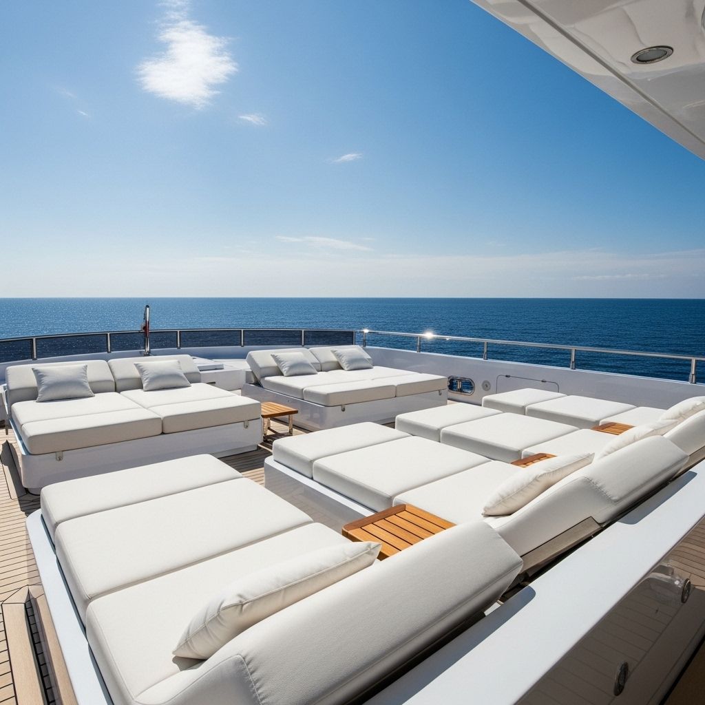 Палуба суперяхты с шезлонгами из белой кожи, синий океан под яркими лучами солнца, горизонт без берегов