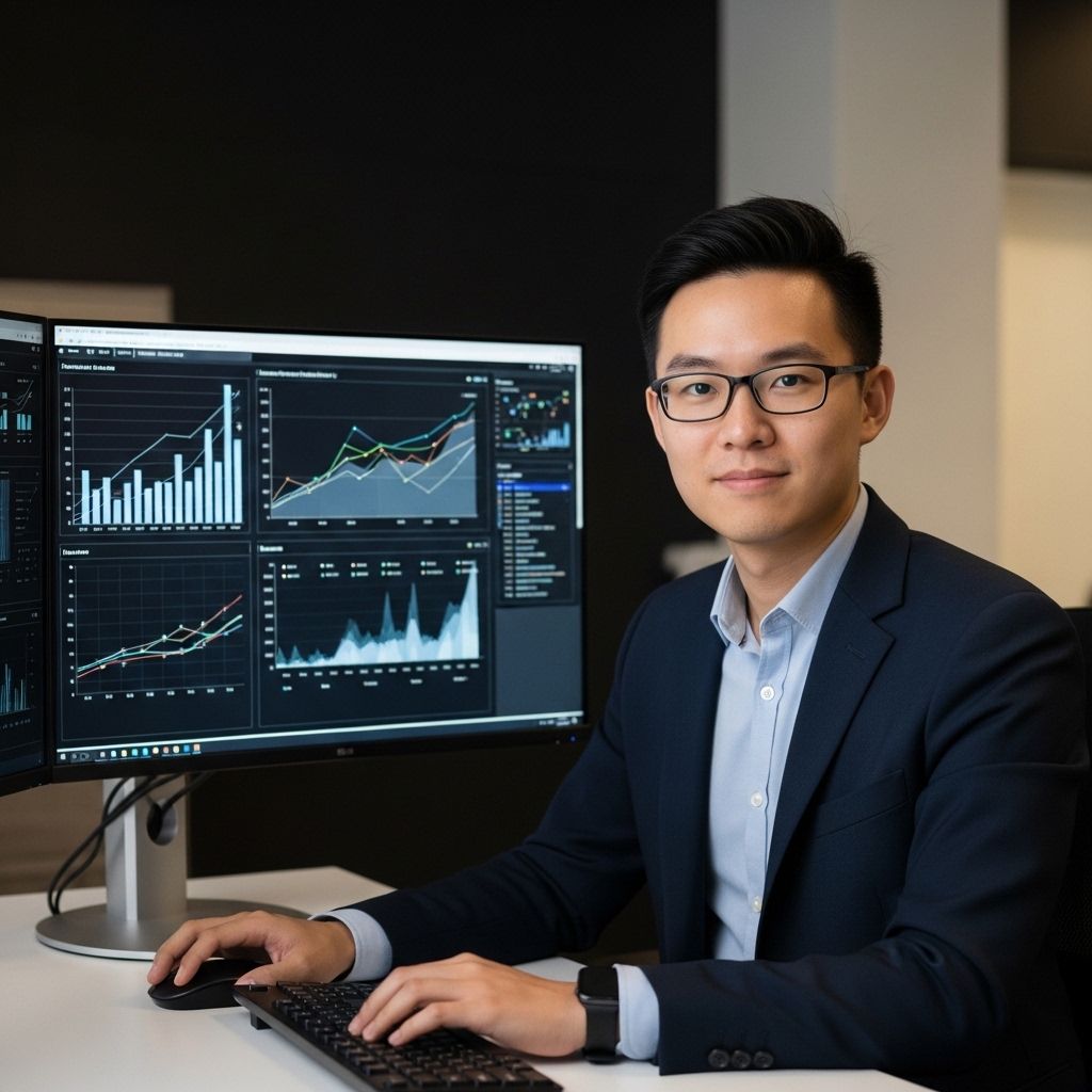 Алекс Чен, аналитик данных и инфографики, молодой мужчина за большим монитором с графиками
