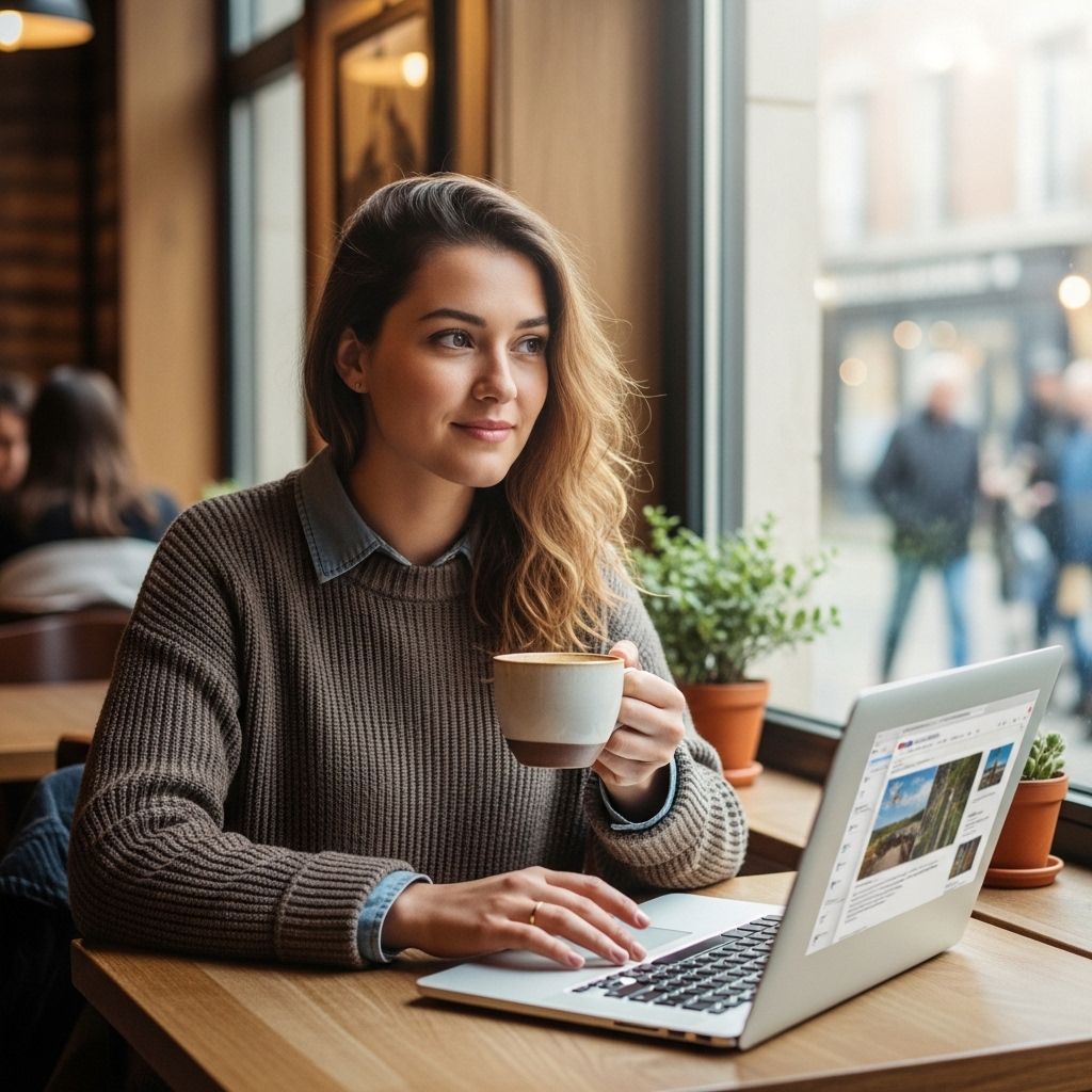 Клэр Дюбуа, редактор раздела путешествий, молодая женщина с ноутбуком в уютном кафе у окна