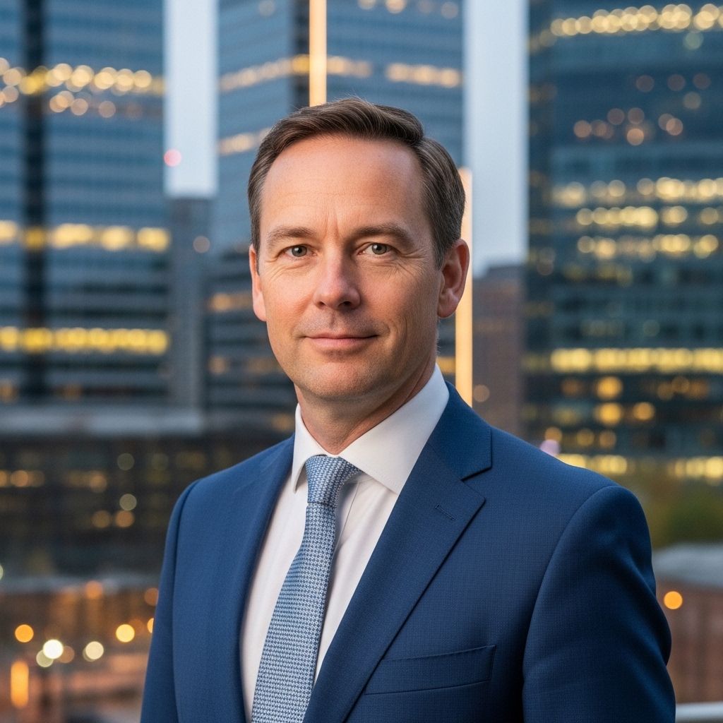 Джеймс Уокер, редактор раздела недвижимости, деловой портрет мужчины в костюме на фоне городских зданий