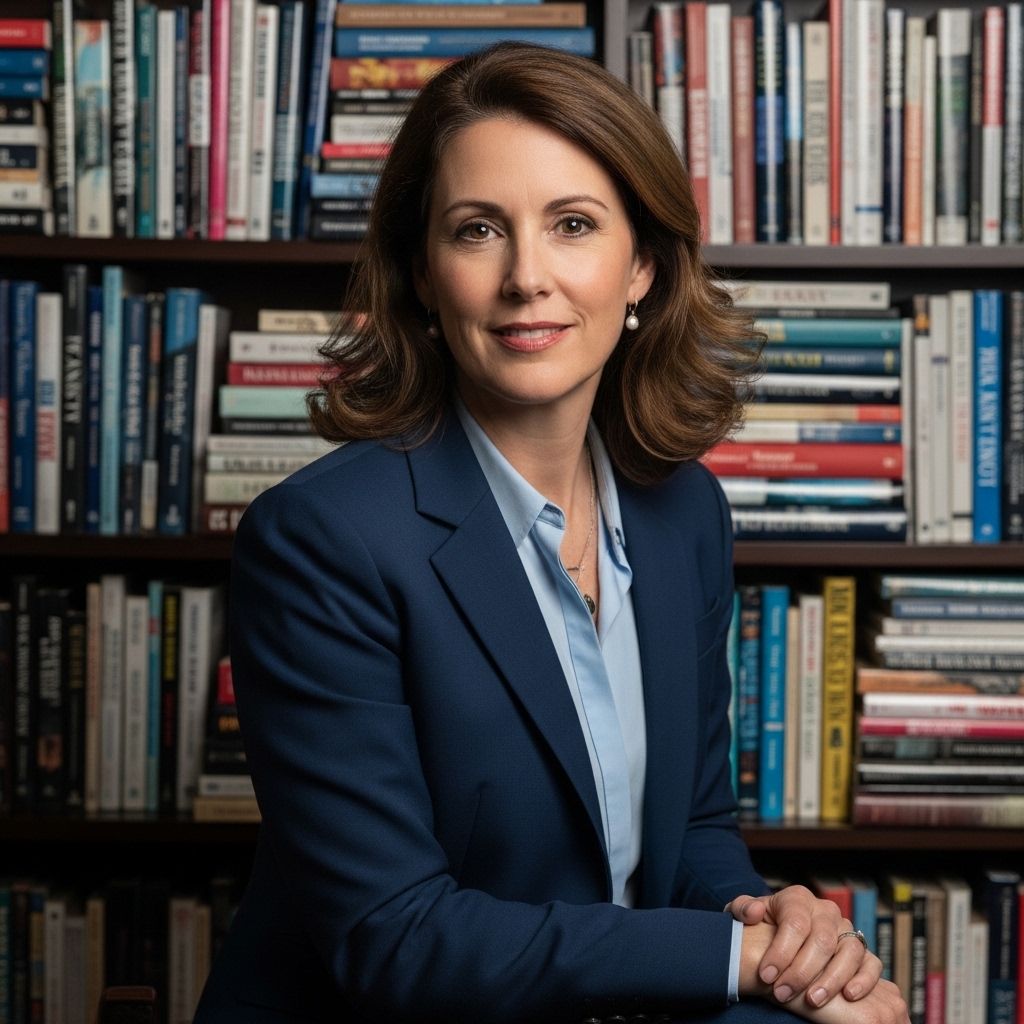 Маргарет Кейн, главный редактор Renahut, деловой портрет женщины в профессиональной одежде на фоне книжных полок
