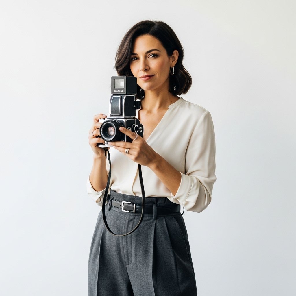 София Монтгомери, редактор раздела моды, стильная женщина в современном образе на белом фоне