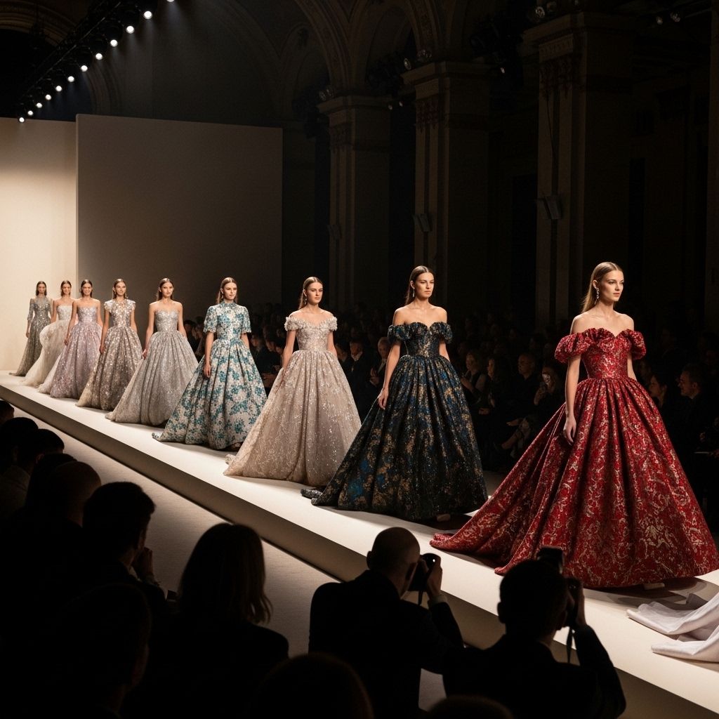 Показ мод Valentino на Неделе моды в Нью-Йорке, модели в бальных платьях на подиуме