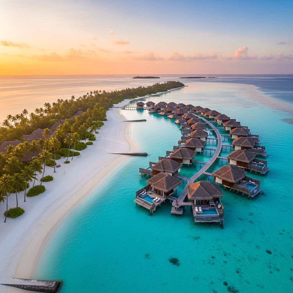 Закат на Мальдивах, бунгало на воде в силуэте тропического горизонта, золотисто-розовые тона