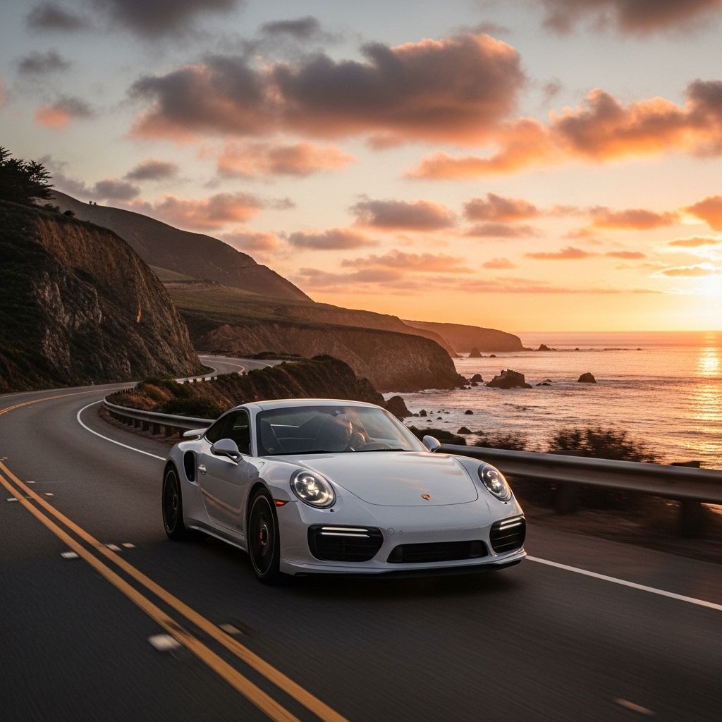 Porsche 911 Turbo S в белом цвете на дороге вдоль побережья Калифорнии при закате