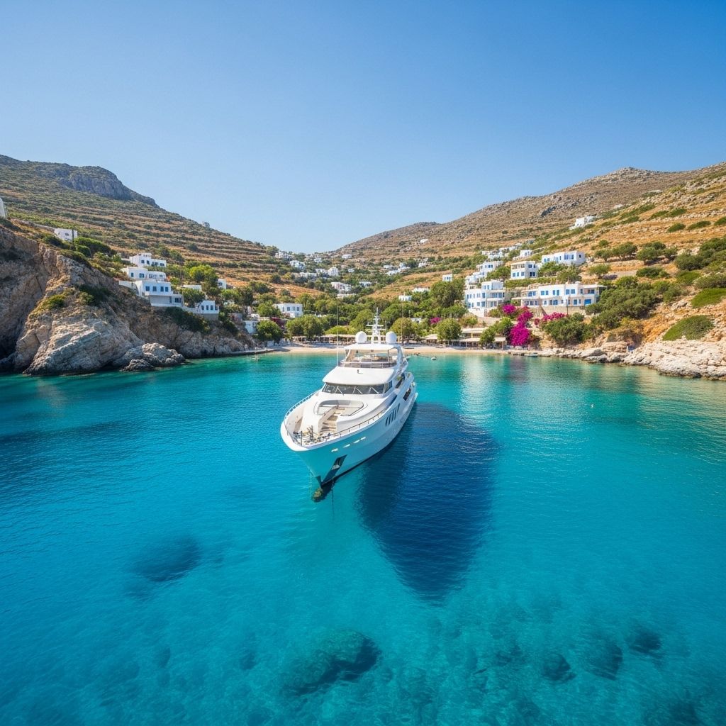 Белоснежная суперяхта в бирюзовой бухте среди греческих островов